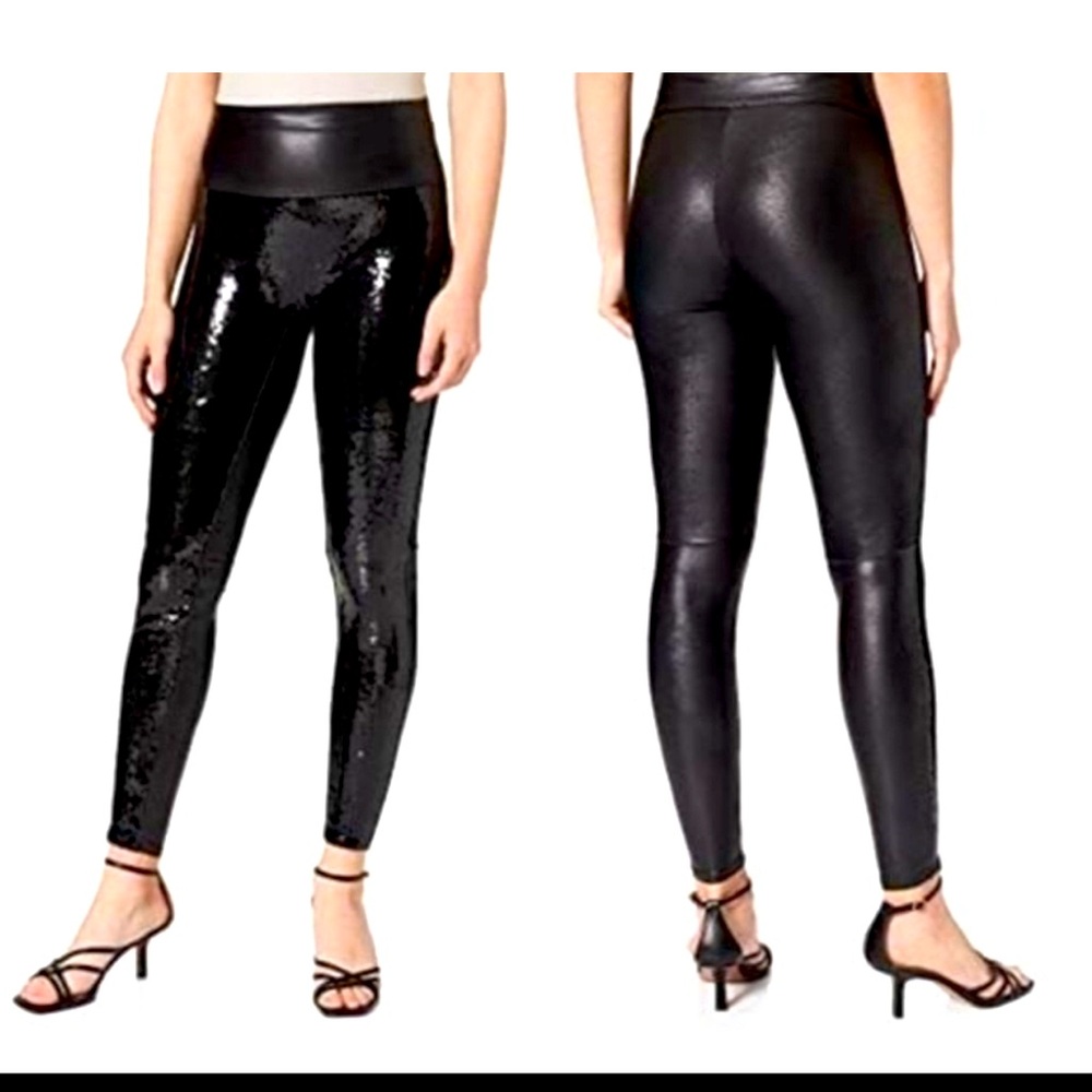 Spanx Black Sequin Faux Leather Leggings Women’s Medium NWT